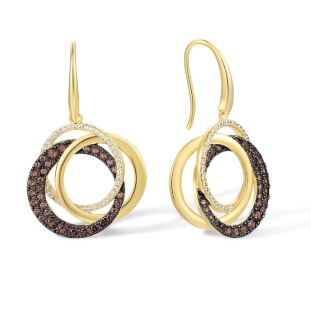 Brown and White Criss Cross Circle Yellow Gold Diamond Earrings